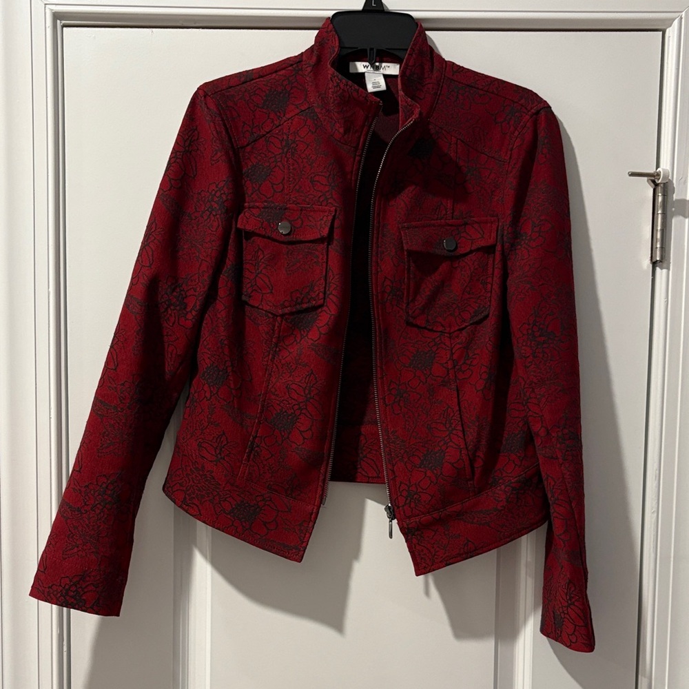 White House Black Market Red and Black Floral Jean Jacket